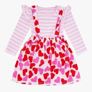 2pc Set Size 130 Fits 4-5T Red & Pink Hearts Skirt & Long Sleeve Striped Shirt